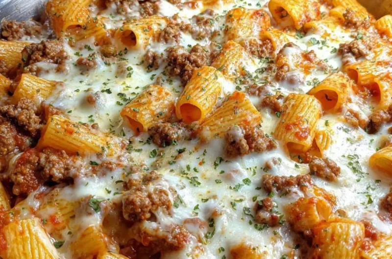 Cheesy baked rigatoni with ground beef served in a casserole dish