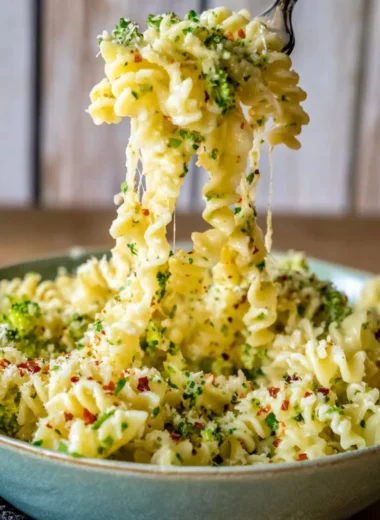 Delicious Chicken Broccoli Pasta topped with Parmesan cheese