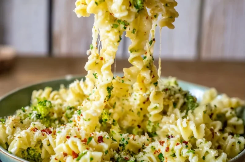 Delicious Chicken Broccoli Pasta topped with Parmesan cheese