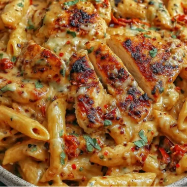 Delicious Chicken Mozzarella Pasta served with fresh herbs and basil