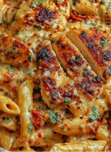 Delicious Chicken Mozzarella Pasta served with fresh herbs and basil