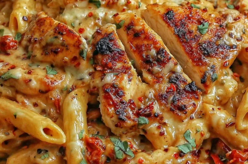 Delicious Chicken Mozzarella Pasta served with fresh herbs and basil