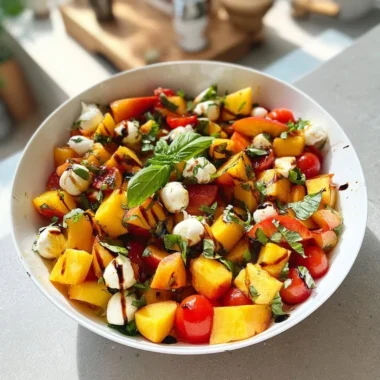 Chopped Peach Caprese Salad with peaches, mozzarella, basil, and balsamic glaze.