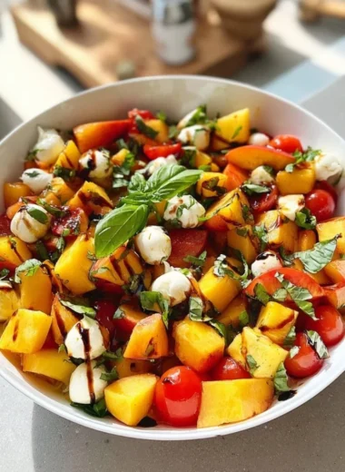 Chopped Peach Caprese Salad with peaches, mozzarella, basil, and balsamic glaze.