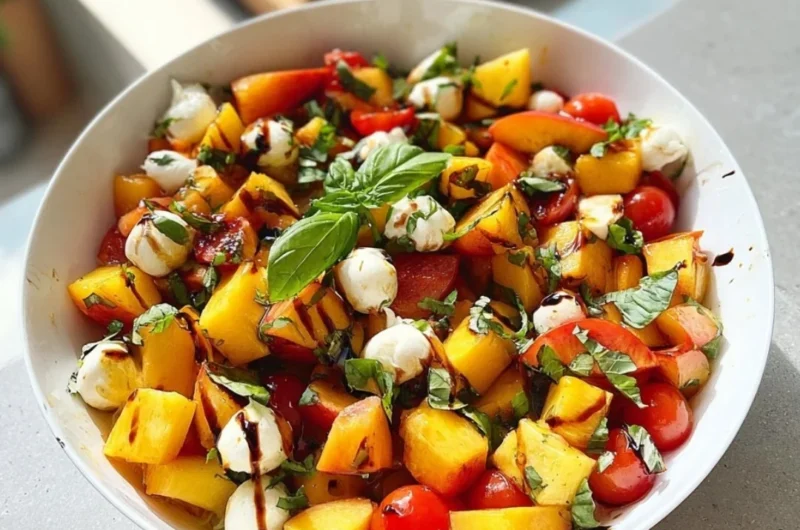 Chopped Peach Caprese Salad with peaches, mozzarella, basil, and balsamic glaze.