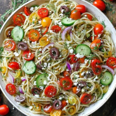 A vibrant cold spaghetti salad with fresh vegetables and dressing