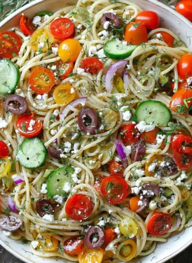 A vibrant cold spaghetti salad with fresh vegetables and dressing
