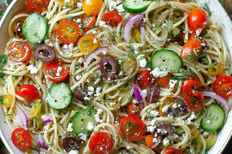 A vibrant cold spaghetti salad with fresh vegetables and dressing