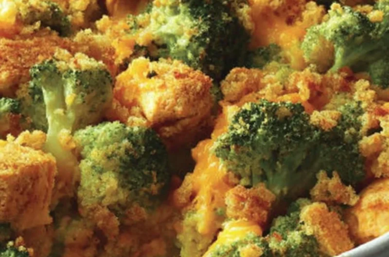 A delicious bowl of contest-winning broccoli chicken casserole topped with cheese.