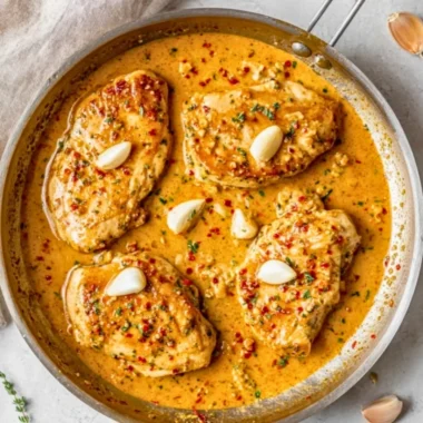 Creamy Garlic Chicken Skillet dish on a plate garnished with herbs