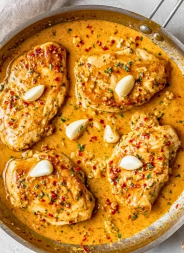 Creamy Garlic Chicken Skillet dish on a plate garnished with herbs