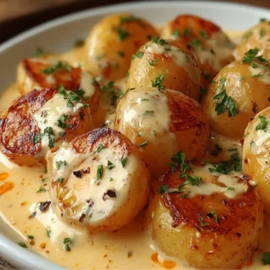 Creamy garlic sauce baby potatoes topped with herbs in a bowl