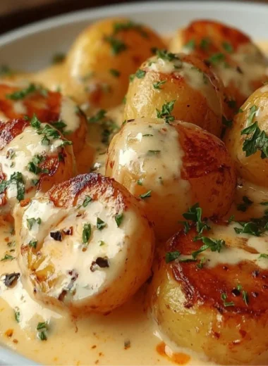 Creamy garlic sauce baby potatoes topped with herbs in a bowl