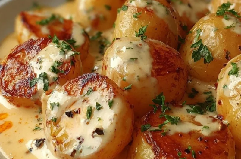 Creamy garlic sauce baby potatoes topped with herbs in a bowl