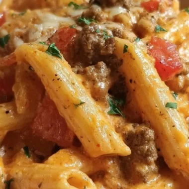 Creamy Rotel Pasta dish topped with ground beef and cheese