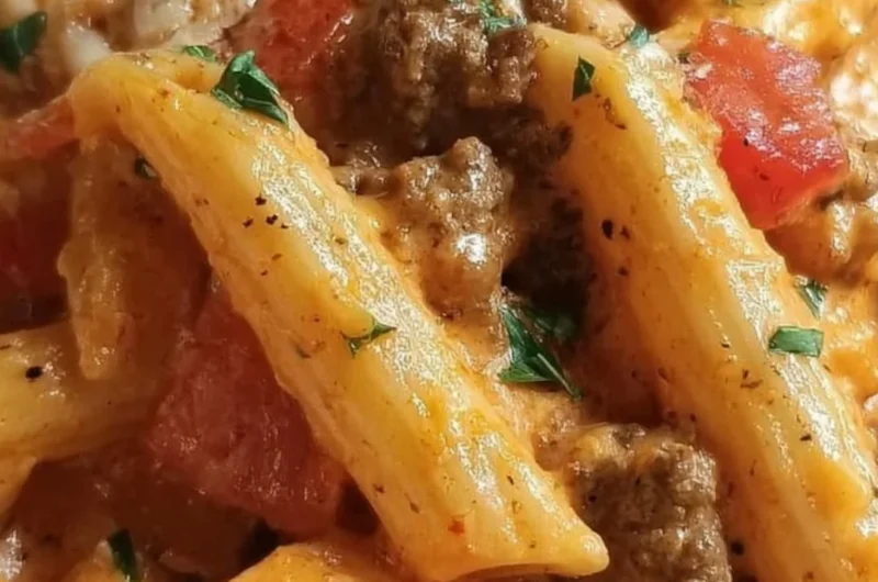 Creamy Rotel Pasta dish topped with ground beef and cheese