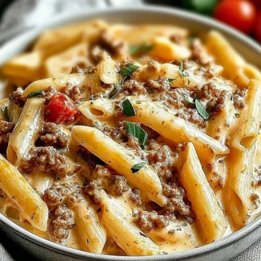 Creamy Rotel Pasta with ground beef in a cozy dinner setting