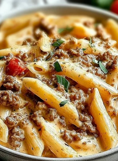 Creamy Rotel Pasta with ground beef in a cozy dinner setting