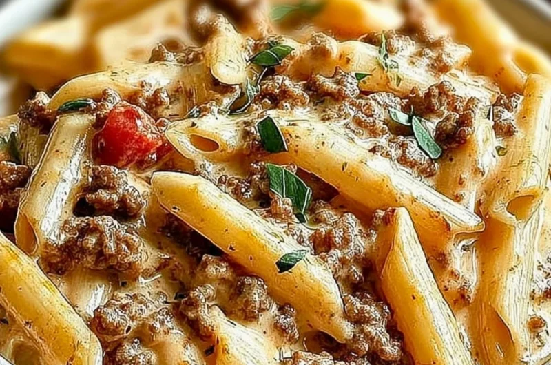 Creamy Rotel Pasta with ground beef in a cozy dinner setting