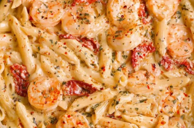 Delicious creamy shrimp pasta garnished with herbs in a bowl