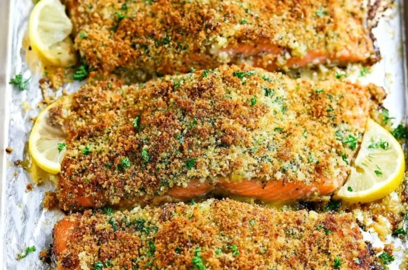 Crispy garlic parmesan salmon served with a side of vegetables