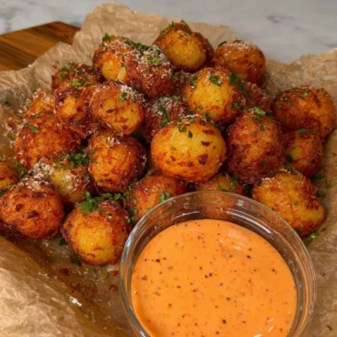 Crispy vegan potato balls with sriracha mayo dipping sauce