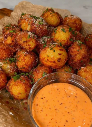 Crispy vegan potato balls with sriracha mayo dipping sauce