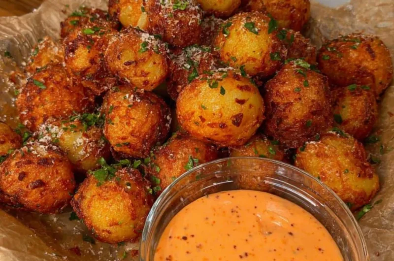 Crispy vegan potato balls with sriracha mayo dipping sauce