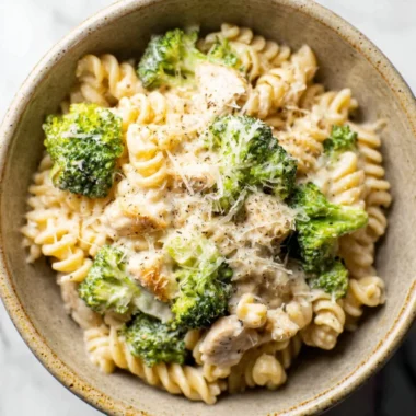 Easy Italian broccoli pasta with Parmesan and lemon garnished on a plate