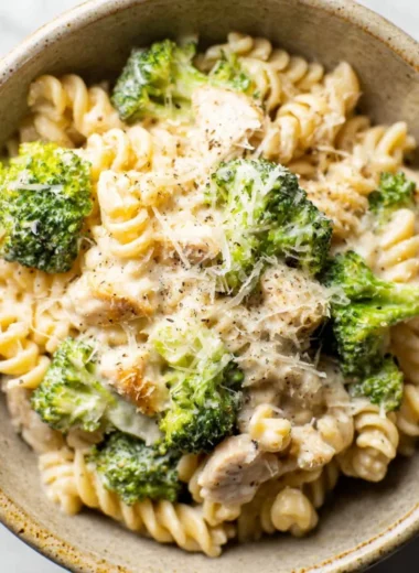 Easy Italian broccoli pasta with Parmesan and lemon garnished on a plate