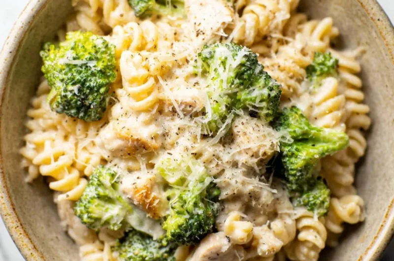 Easy Italian broccoli pasta with Parmesan and lemon garnished on a plate