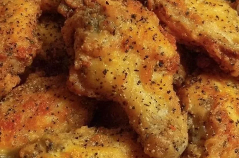 Delicious easy lemon pepper chicken wings garnished with lemon slices and herbs