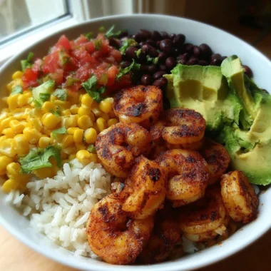 Fiesta Shrimp Rice Bowl with colorful veggies and flavorful shrimp over rice