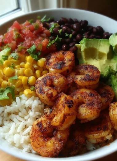 Fiesta Shrimp Rice Bowl with colorful veggies and flavorful shrimp over rice