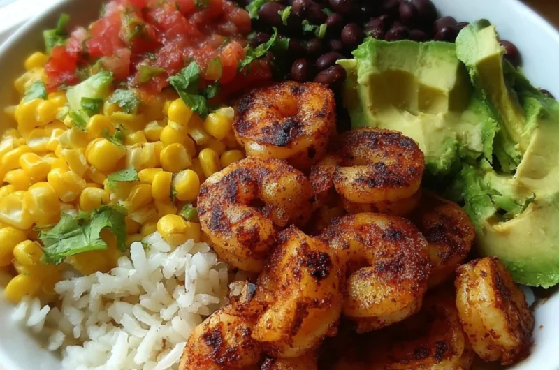 Fiesta Shrimp Rice Bowl with colorful veggies and flavorful shrimp over rice