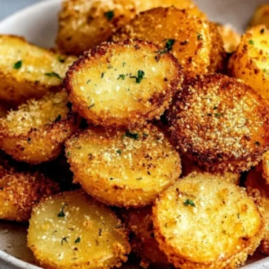 Garlic Parmesan Crusted Potatoes on a plate garnished with herbs