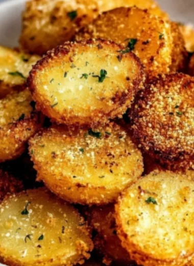 Garlic Parmesan Crusted Potatoes on a plate garnished with herbs