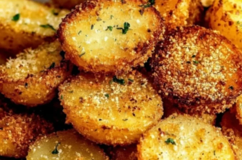 Garlic Parmesan Crusted Potatoes on a plate garnished with herbs
