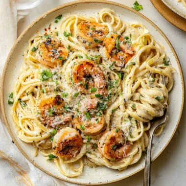 Plate of Garlic Shrimp Pasta garnished with parsley and garlic.
