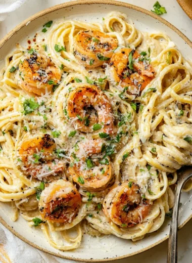 Plate of Garlic Shrimp Pasta garnished with parsley and garlic.