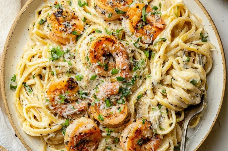 Plate of Garlic Shrimp Pasta garnished with parsley and garlic.