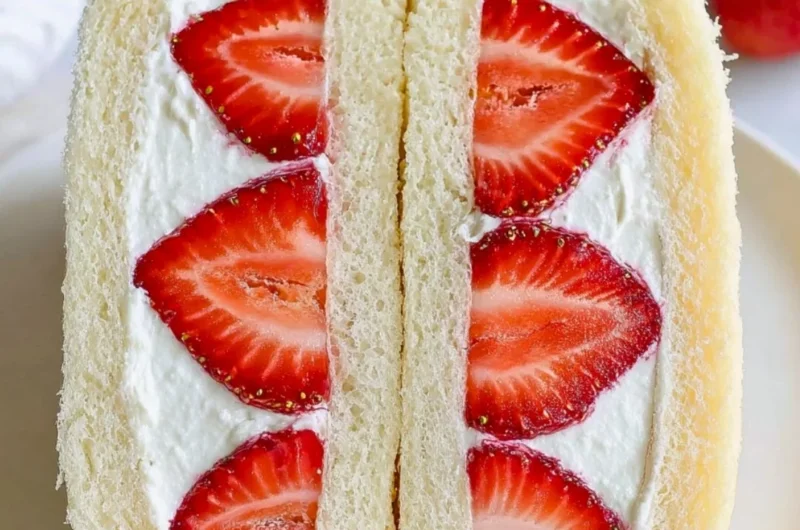 Japanese strawberry sandwich featuring fresh strawberries and cream between soft bread.