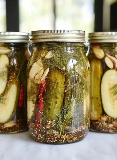 Killer spicy garlic dill pickles in a jar with fresh garlic and dill