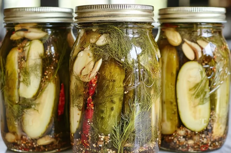 Killer spicy garlic dill pickles in a jar with fresh garlic and dill
