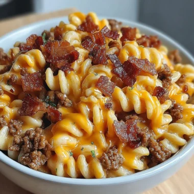 Delicious Loaded Bacon Cheeseburger Pasta topped with crispy bacon and cheese.