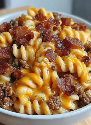 Delicious Loaded Bacon Cheeseburger Pasta topped with crispy bacon and cheese.