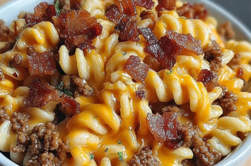 Delicious Loaded Bacon Cheeseburger Pasta topped with crispy bacon and cheese.