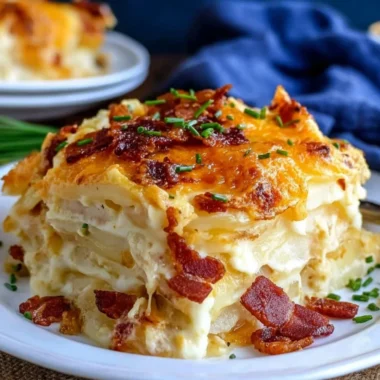 A delicious plate of loaded scalloped potatoes topped with cheese and herbs.