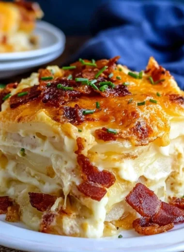 A delicious plate of loaded scalloped potatoes topped with cheese and herbs.