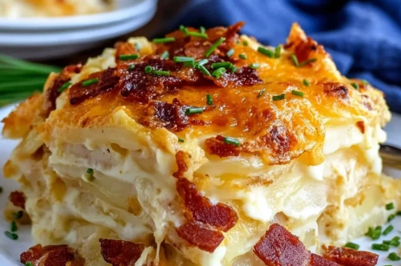 A delicious plate of loaded scalloped potatoes topped with cheese and herbs.